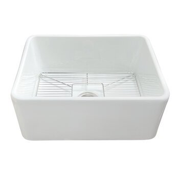 Nantucket Sinks Cape 23-1/4'' W Premium European Fireclay Farmhouse Kitchen Sink in White with Bottom Grid and Strainer, 23-1/4'' W x 18'' D x 10'' H, Front View