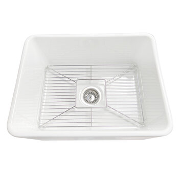 Nantucket Sinks Cape 23-1/4'' W Premium European Fireclay Farmhouse Kitchen Sink in White with Bottom Grid and Strainer, 23-1/4'' W x 18'' D x 10'' H, Overhead Close Up View