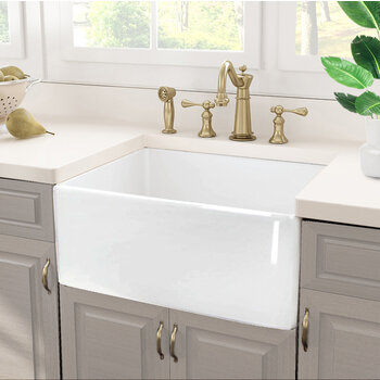 Nantucket Sinks Cape 23-1/4'' W Premium European Fireclay Farmhouse Kitchen Sink in White with Bottom Grid and Strainer, 23-1/4'' W x 18'' D x 10'' H, In Use Kitchen View