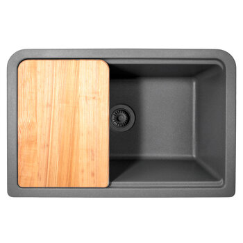 Nantucket Sinks Rockport 30'' W Reversible Workstation Granite Composite Front Apron Sink in Titanium with Cutting Board, Roll Up Mat, and Strainer, 30'' W Titanium Overhead View