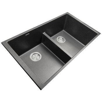 Nantucket Sinks Low Divide 50/50 Double Bowl Undermount Granite Composite Kitchen Sink, Black, 33" W x 18-1/2" D x 9-7/8" H