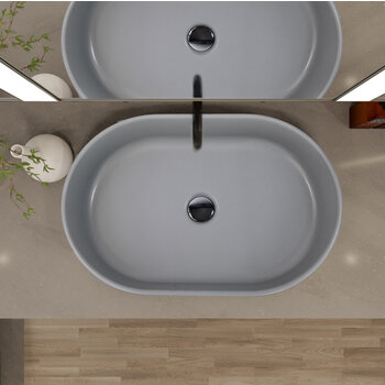 Nantucket Sinks Regatta Collection 23'' W Bracciano Italian Fireclay Oval Bathroom Vanity Vessel Sink in Matte Concrete, 23-3/4'' W x 15-3/4'' D x 5'' H, Bracciano In Use Overhead View