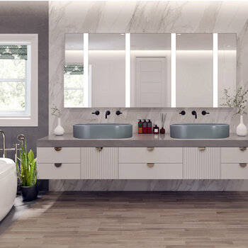 Nantucket Sinks Regatta Collection 23'' W Bracciano Italian Fireclay Oval Bathroom Vanity Vessel Sink in Matte Concrete, 23-3/4'' W x 15-3/4'' D x 5'' H, Bracciano In Use Bathroom View