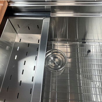Nantucket Sinks 42'' Small Radius Large Prep Station Single Bowl Undermount 16-Gauge Stainless Steel Kitchen Sink with Compatible Accessories, Colander Close Up View