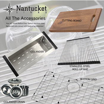 Nantucket Sinks 42'' Small Radius Large Prep Station Single Bowl Undermount 16-Gauge Stainless Steel Kitchen Sink with Compatible Accessories, Included Accessories