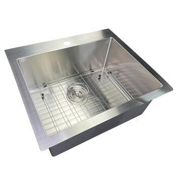 Nantucket Sinks Pro Series 25'' W Small Radius Rectangle Top Mount Single Hole 16-Gauge Stainless Steel Drop-In Kitchen Sink with Bottom Grid and Drain, Angle View
