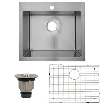 Nantucket Sinks Pro Series 25'' W Small Radius Rectangle Top Mount Single Hole 16-Gauge Stainless Steel Drop-In Kitchen Sink with Bottom Grid and Drain, Included Items