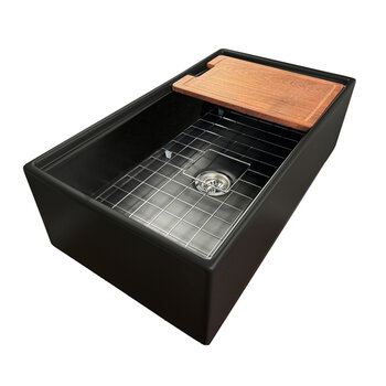 Nantucket Sinks Cape 33'' W Reversible Workstation Fireclay Farmhouse Front Apron Rectangle Kitchen Sink w/ Cutting Board, Grid, and Drain, 33'' W Matte Black Product View