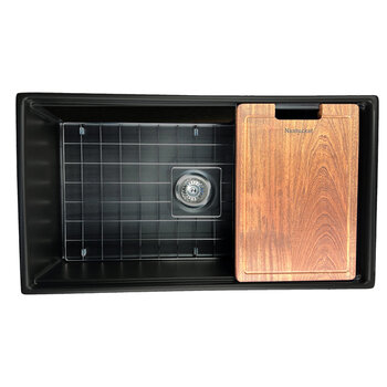 Nantucket Sinks Cape 33'' W Reversible Workstation Fireclay Farmhouse Front Apron Rectangle Kitchen Sink w/ Cutting Board, Grid, and Drain, 33'' W Matte Black Overhead View