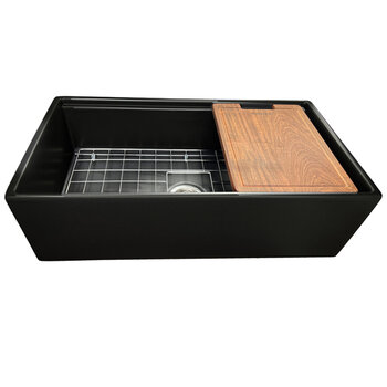 Nantucket Sinks Cape 33'' W Reversible Workstation Fireclay Farmhouse Front Apron Rectangle Kitchen Sink w/ Cutting Board, Grid, and Drain, 33'' W Matte Black Overhead Front View