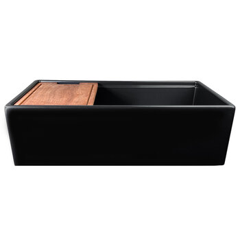 Nantucket Sinks Cape 33'' W Reversible Workstation Fireclay Farmhouse Front Apron Rectangle Kitchen Sink w/ Cutting Board, Grid, and Drain, 33'' W Matte Black Front View