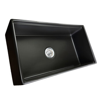 Nantucket Sinks Cape 33'' W Reversible Workstation Fireclay Farmhouse Front Apron Rectangle Kitchen Sink w/ Cutting Board, Grid, and Drain, 33'' W Matte Black Angle View