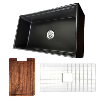 Nantucket Sinks Cape 33'' W Reversible Workstation Fireclay Farmhouse Front Apron Rectangle Kitchen Sink w/ Cutting Board, Grid, and Drain, 33'' W Matte Black Included Items