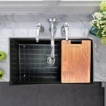 Nantucket Sinks Cape 33'' W Reversible Workstation Fireclay Farmhouse Front Apron Rectangle Kitchen Sink w/ Cutting Board, Grid, and Drain, 33'' W Matte Black In Use Overhead View