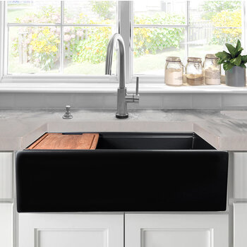 Nantucket Sinks Cape 33'' W Reversible Workstation Fireclay Farmhouse Front Apron Rectangle Kitchen Sink w/ Cutting Board, Grid, and Drain, 33'' W Matte Black In Use Kitchen View 