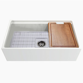 Nantucket Sinks Cape 33'' W Reversible Workstation Fireclay Farmhouse Front Apron Rectangle Kitchen Sink w/ Cutting Board, Grid, and Drain, 33'' W White Product View