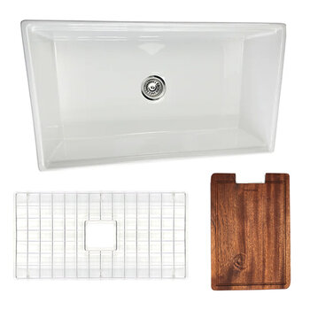 Nantucket Sinks Cape 33'' W Reversible Workstation Fireclay Farmhouse Front Apron Rectangle Kitchen Sink w/ Cutting Board, Grid, and Drain, 33'' W White Included Items
