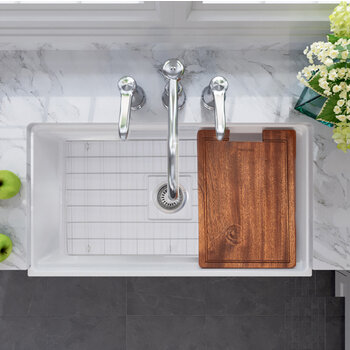 Nantucket Sinks Cape 33'' W Reversible Workstation Fireclay Farmhouse Front Apron Rectangle Kitchen Sink w/ Cutting Board, Grid, and Drain, 33'' W White In Use Overhead View