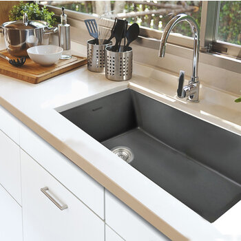 Nantucket Sinks Cape 34'' W Premium Rectangle Fireclay Dual Mount Kitchen Sink, Matte Concrete w/ Drain and Bottom Grid, 34-1/4'' W x 18-1/2'' D x 10'' H, 34'' Matte Concrete in Use Kitchen View
