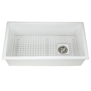 Nantucket Sinks Cape Collection 34" Dual-Mount Reversible Offset Drain Fireclay Single Bowl Kitchen Sink with Grid and Drain, White