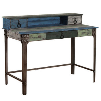 Calypso Distressed Wood Writing Desk With Drawers And Metal Legs