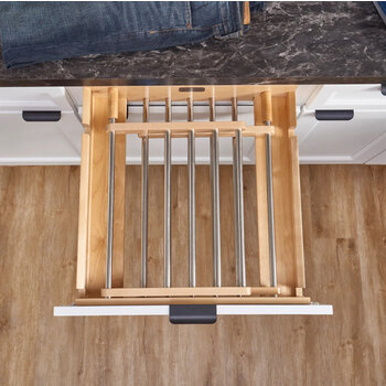 Rev-A-Shelf 4WDR Series Natural Maple Wood Drying Rack with Stainless Steel Rods, Frame Only, For 24'' Base Cabinet Drawer Opening, Overhead Closed View