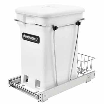 Single White 6-gallon Compo+ Container Waste Pullout with Chrome Wire Bottom Mount, Minimum Cabinet Opening: 10-3/4"W x 18-15/16"D x 17-29/32"H