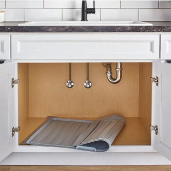 Rev-A-Shelf SBDTF Series Flexible Polymer Trim To Fit Drip Tray in Matte Gray, For 27'' to 30'' Wide Sink Base Cabinet, Installing View
