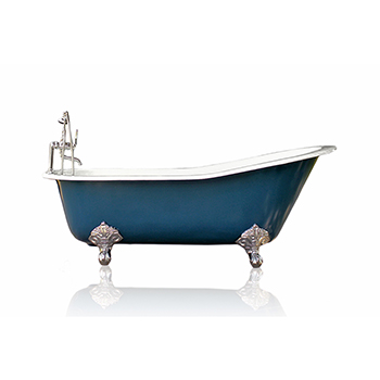 WaterMark Fixtures 67" Antique Inspired Hague Blue Cast Iron Porcelain Clawfoot Bathtub Flat Rim Slipper Bathtub Package Chrome Feet