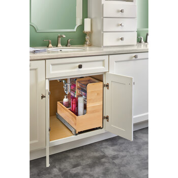 For Bathroom/Vanity - L-Shape Reversible Under Sink Pullout Organizer, with  BLUMOTION Soft-Close Slides by Rev-A-Shelf