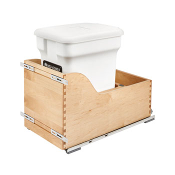 Rev-A-Shelf Single White Compo+ Bin Pull-Out with Rear Storage, Wood Bottom Mount with Blum Soft-Close Slides