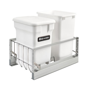 Rev-A-Shelf Double Soft-Close Bottom Mount Recycle Center With (1) White Compo+ Container and (1) 35 Qt. White Bin, Pull-Out Aluminum Carriage