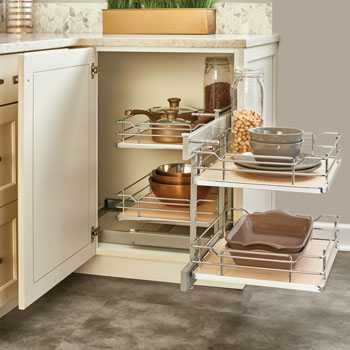 Rev-A-Shelf Pullout Soft-Close 2-Tier Wire Bottom Mount Blind Corner Organizer, with Maple Solid Bottom