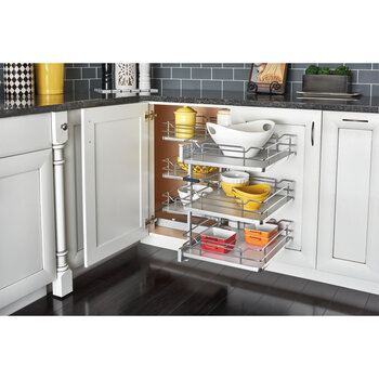 Rev-A-Shelf Pullout Soft-Close 3-Tier Wire Pull-Slide-Pull Blind Corner Optimizer with Gray Solid Bottom for 18" door openings, 32-1/4"W x 20-1/4"D x 24"H