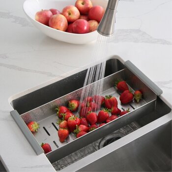 Stainless Steel Colander For 16'' Sink Opening with Non-Slip Handle, Installed View