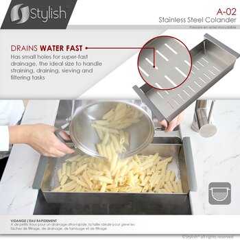Stainless Steel Colander For 16'' Sink Opening with Non-Slip Handle, Drains Water Fast
