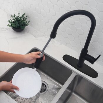 Kitchen Faucet Stainless Steel Deck Plate in Matte Black, In Use