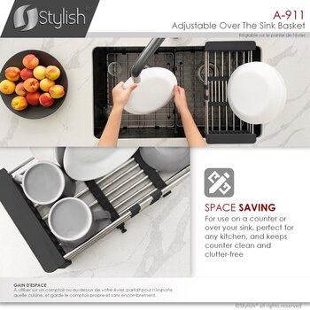 Adjustable Over the Sink Stainless Steel Dish or Vegetable Drainer Basket, Space Saving Info