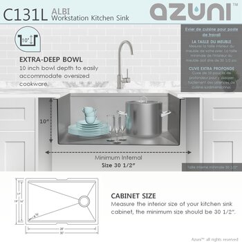 AZUNI Single Bowl Undermount 16G Reversible Workstation Kitchen Sink with Accessories, 30'' Dimensions