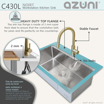 AZUNI Top mounted Single Bowl Stainless Steel Ledge Workstation Kitchen Sink with Accessories Included