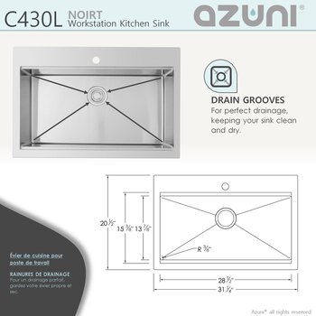 AZUNI Top mounted Single Bowl Stainless Steel Ledge Workstation Kitchen Sink with Accessories Included