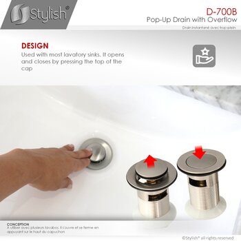 D-700 Series Bathroom Sink Pop-Up Drain with Overflow in Brushed Nickel, Design Info