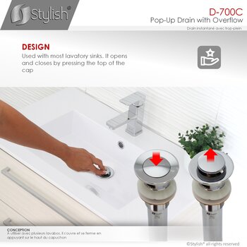 D-700 Series Bathroom Sink Pop-Up Drain with Overflow in Polished Chrome, Design Info