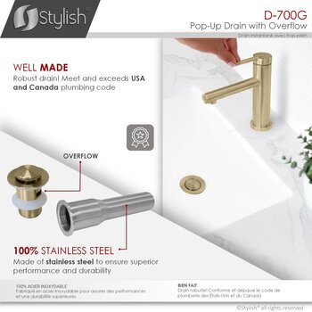 D-700 Series Bathroom Sink Pop-Up Drain with Overflow in Brushed Gold, Well Made Info