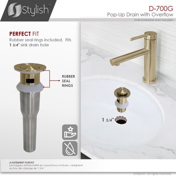 D-700 Series Bathroom Sink Pop-Up Drain with Overflow in Brushed Gold, Perfect Fit Info