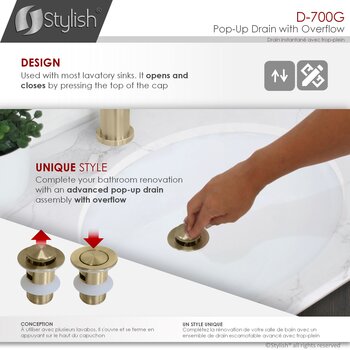 D-700 Series Bathroom Sink Pop-Up Drain with Overflow in Brushed Gold, Design Info