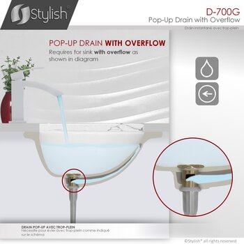 D-700 Series Bathroom Sink Pop-Up Drain with Overflow in Brushed Gold, Installed View