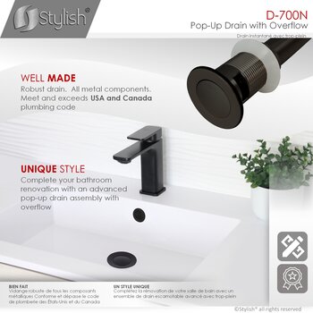 D-700 Series Bathroom Sink Pop-Up Drain with Overflow in Matte Black, Perfect Fit Info