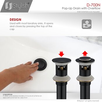 D-700 Series Bathroom Sink Pop-Up Drain with Overflow in Matte Black, Design Info