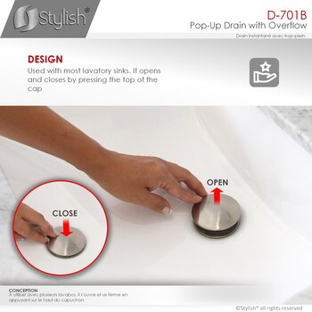D-701 Series Bathroom Sink Mushroom Pop-Up Drain with Overflow in Brushed Nickel, Design Info